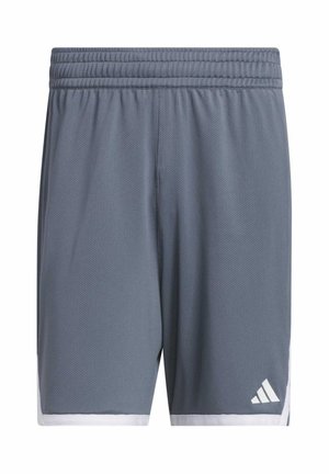 Shorts de sport gris en tissu maille, avec une bordure blanche et un petit logo blanc sur le bas à gauche. Design léger et respirant.