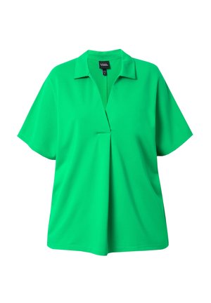 Groene blouse met korte mouwen van gladde stof, met een kraaghalslijn, voorzien van een subtiele V-opening en plooi-detail aan de voorkant.