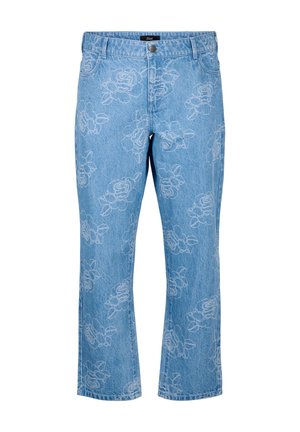 Lysblå denim jeans med lige ben, med hvid blomsterbroderi overalt og et klassisk fem-lomme design.