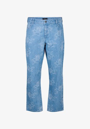 Heledad sinine teksapüksid otse lõikega, millel on valge lilleline tikand üle kogu pinna ja klassikaline viie tasku disain.