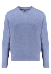 Light blue v-neck sweater made from a soft, fine knit material. Features long sleeves and a small logo on the left chest.