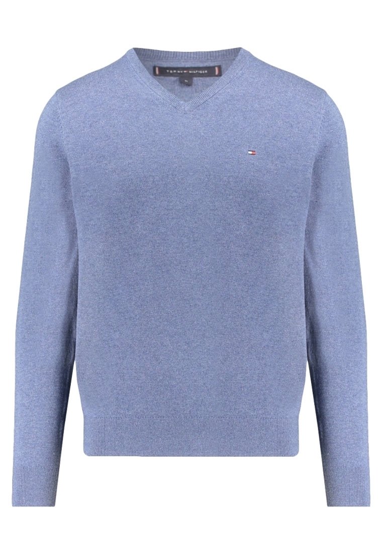 Light blue v-neck sweater made from a soft, fine knit material. Features long sleeves and a small logo on the left chest.