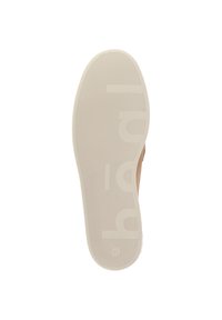 Helle beige Gummisohle mit eingeprägtem Logo, strukturiertem Muster und Größenangaben. Glatte Kanten und flaches Profil für Stabilität.