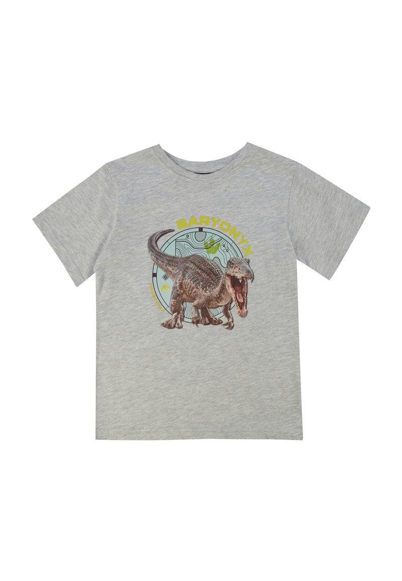 Graues Baumwoll-T-Shirt mit einem gedruckten Baryonyx-Dinosaurier-Design vor einem bunten kreisförmigen Hintergrund und Schriftzug in Gelb und Türkis.