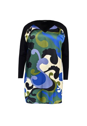 Pitkähihainen mekko, jossa mustat hihat ja monivärinen abstrakti kiemura-kuvio vihreänä, sinisenä, mustana, purppuraisena ja kermanvärisenä edessä.