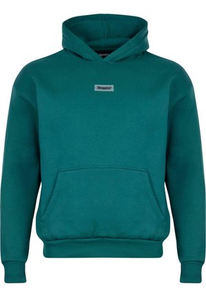 Felpa color turchese realizzata in tessuto morbido, con tasca frontale, cappuccio con coulisse e un piccolo etichetta logata rettangolare sul petto.