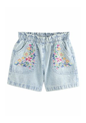 Lyseblå stripede shorts med elastisk linning, to forlommer med farverig blomsterbroderi.