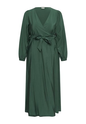 Dark green, long-sleeve wrap dress with V-neckline and tied waist belt, featuring slightly puffed sleeves and a flowing midi-length skirt.