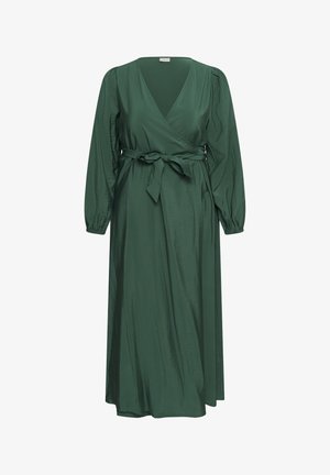 Dark green, long-sleeve wrap dress with V-neckline and tied waist belt, featuring slightly puffed sleeves and a flowing midi-length skirt.