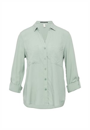 Hellgrünes Hemd mit Kragen, zwei Vordertaschen, hochgekrempelten Ärmeln und glatter Stoffoberfläche.