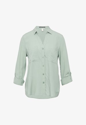 Hellgrünes Hemd mit Kragen, zwei Vordertaschen, hochgekrempelten Ärmeln und glatter Stoffoberfläche.