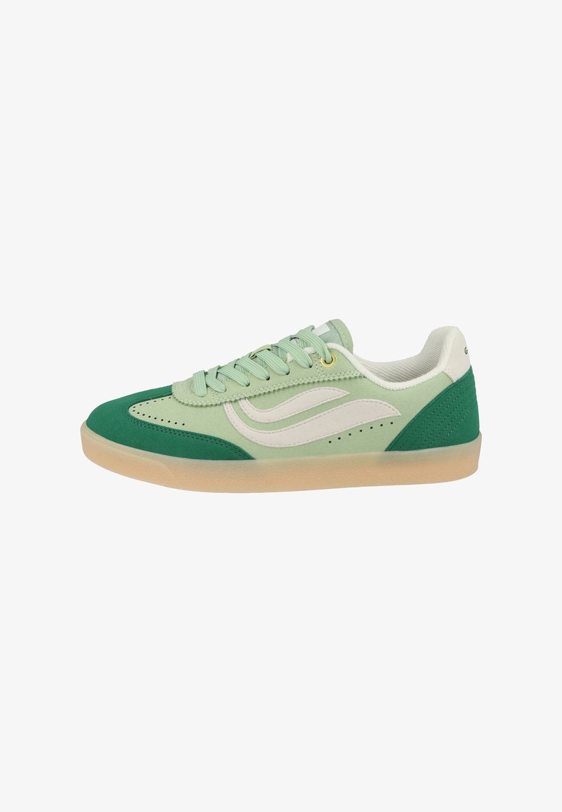 Sneaker verde chiaro e verde scuro a taglio basso con motivo a onda bianca, lacci verde menta, fodera interna crema e suola in gomma.
