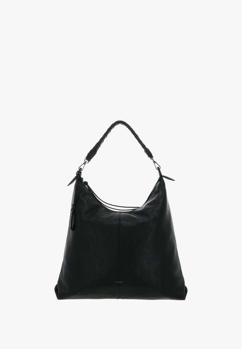 Sac hobo en cuir noir avec une poignée tressée, une fermeture éclair et une surface douce et texturée. Présente un logo discret en bas à l'avant.