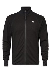 Svart zip-up jacka i texturerat tyg, med hög krage, ribbade ärmslut och en diskret logotyp på bröstet.