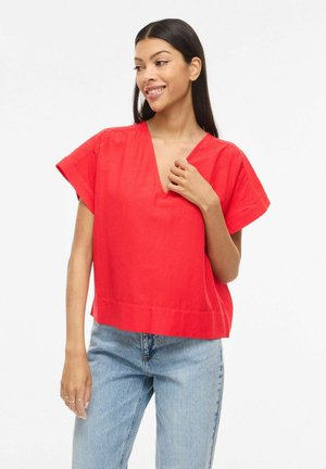 Femeie zâmbitoare, purtând un top cu mânecă scurtă, cu decolteu în V, de culoare roșu aprins și blugi deschis la culoare, stând în picioare pe un fundal alb simplu.