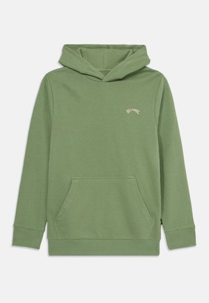 Vihreä puuvillapaita, jossa on etupuolella kengurupokka, ribattu hihansuut ja helma, ja jonka rinnassa on pieni logo. Sileä pinta.