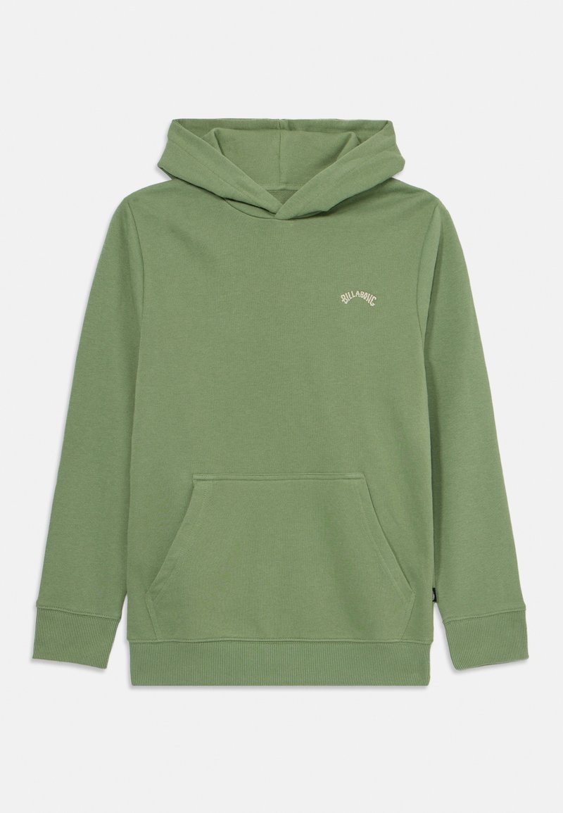 Hoodie en coton vert avec une poche kangourou devant, des poignets et un ourlet côtelés, arborant un petit logo sur la poitrine. Texture lisse.