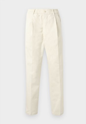 Hellbeige gerade geschnittene Hose mit elastischem Bund und Knopfverschluss, ausgestattet mit Seitentaschen und einem sauberen, maßgeschneiderten Design.