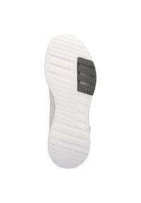 White sneaker sole with horizontal grooves, textured sections, and a gray accent area featuring the Adidas logo. Smooth and flexible material.