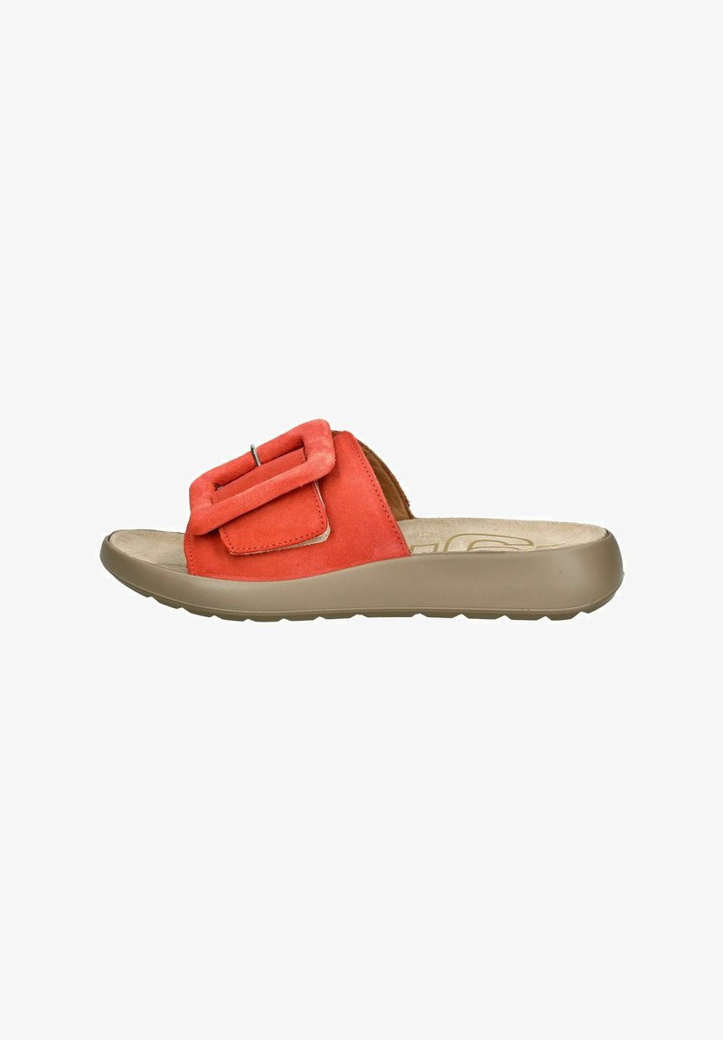 Orange suede slide sandal with a wide strap featuring a large buckle. Soft footbed and a beige rubber sole with a slight heel.