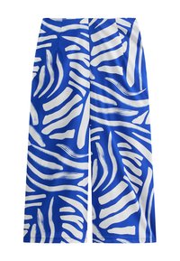 Pantaloni ampia blu con un audace motivo astratto bianco. Realizzati in un tessuto liscio con una superficie morbida.