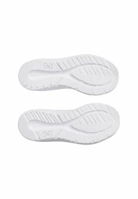 Semelles de chaussures de sport blanches avec une surface en caoutchouc texturé dotée de rainures et de profilés pour une meilleure adhérence. Logo Under Armour embossé sur le côté.