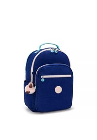 Zaino blu navy con una cerniera rosa chiaro e un logo circolare, dotato di una tasca frontale, una tasca laterale e un portachiavi peloso.