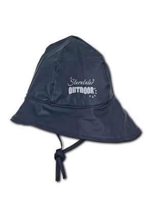 Navy blue outdoor rain hat with wide brim, chin straps, and "Sterntaler OUTDOOR" logo on front panel.