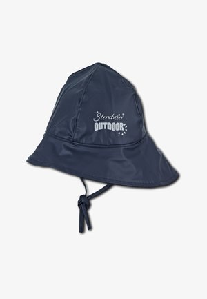 Navy blue outdoor rain hat with wide brim, chin straps, and "Sterntaler OUTDOOR" logo on front panel.