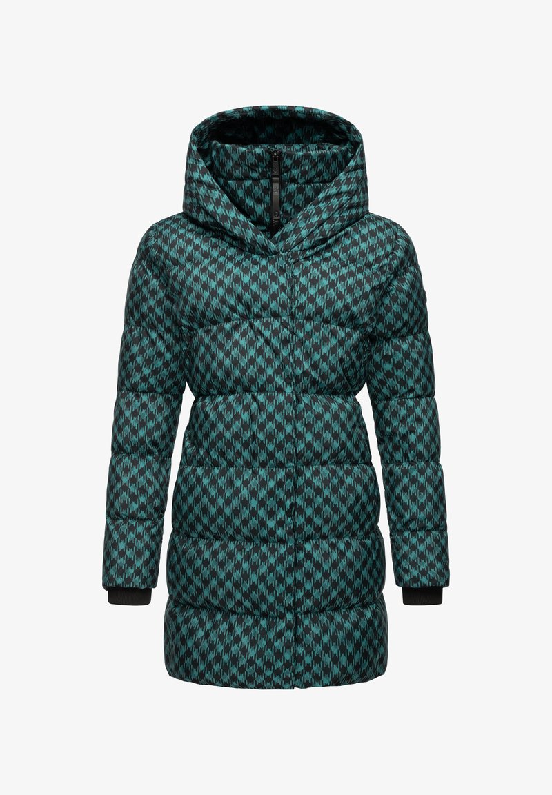 Puchowa kurtka z geometrycznym wzorem w odcieniach teal i czerni, z wysokim kołnierzem, zamek błyskawiczny oraz ściągacze przy mankietach dla dodatkowego ciepła.