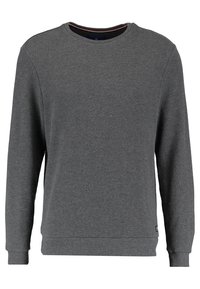 Sudadera gris de manga larga, con cuello redondo, tela texturizada y puños y dobladillo acanalados. Diseño minimalista con detalle del logo en la parte inferior.