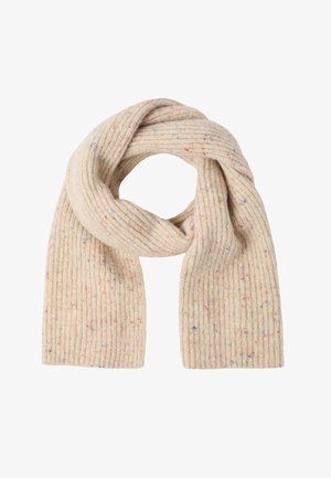 Beige ribbet tørklæde lavet af blødt tekstureret materiale, med sprøjt af blå, rød og gul fordelt jævnt, med et hyggeligt, afslappet design.