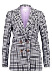 Dvoubarevný blazer v černobílém kostkovaném vzoru s hnědými knoflíky, klopami a lila podšívkou.