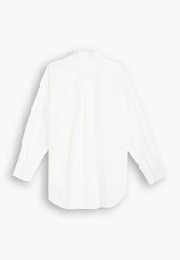 Chemise blanche à manches longues avec un col haut, présentant une coupe droite, des poignets boutonnés et une texture lisse et légère.