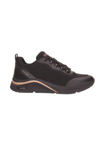 Sneakers Arch Fit noires de Skechers avec tige en maille, col rembourré, fermeture à lacets à l'avant et semelle épaisse et rembourrée avec accent beige.