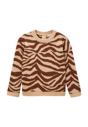 Pull en maille à manches longues avec des rayures zébrées beige et brun foncé, col rond, poignets et ourlet côtelés.