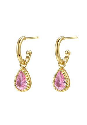 Gold hoop earrings with a teardrop pink gemstone. The stone is framed by a beaded border, featuring a polished and smooth finish.