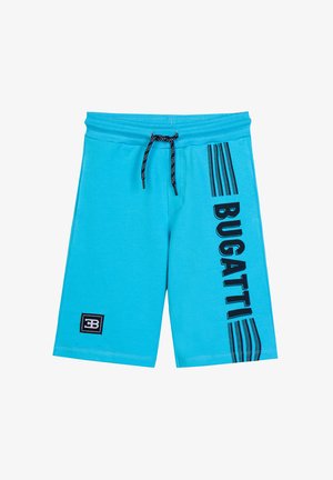Pantaloncini con coulisse di un brillante blu con dettagli neri, scritta "BUGATTI" e motivo a codice a barre su una gamba, e una piccola toppa con logo bianco e nero vicino all'orlo.