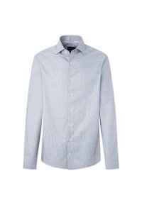 Camicia button-up azzurro chiaro, maniche lunghe, colletto casual, motivo a piccoli quadretti, materiale in cotone, bottoni frontali e orlo arrotondato.