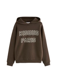 Felpa con cappuccio marrone realizzata in tessuto morbido, caratterizzata da lettere bianche in stile block "BISOUS PARIS" sul davanti, con polsini e orlo a costine.