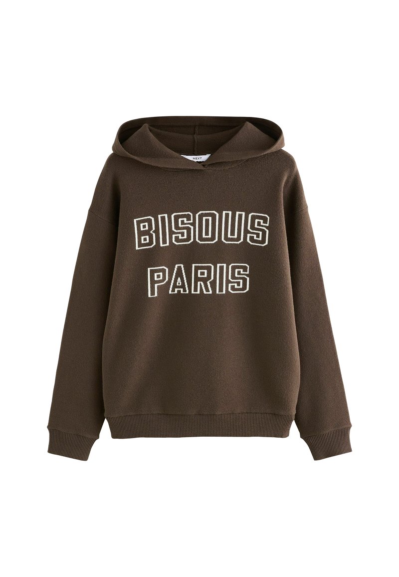 Felpa con cappuccio marrone realizzata in tessuto morbido, caratterizzata da lettere bianche in stile block "BISOUS PARIS" sul davanti, con polsini e orlo a costine.