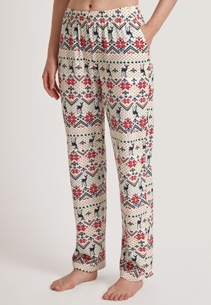 Katoenen pyjamabroek met een crèmekleurige achtergrond, versierd met een meerkleurig geometrisch en bloemmotief, en deermotieven door het hele ontwerp.