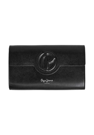 Black leather wallet with an embossed logo on the front, featuring a smooth texture and a folded design for storage and accessibility.