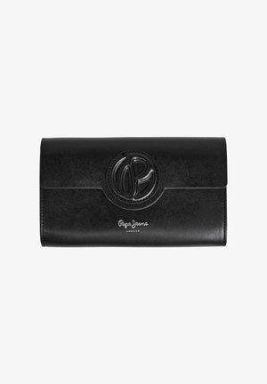 Portefeuille en cuir noir avec un logo en relief sur le devant, présentant une texture lisse et un design plié pour le rangement et l'accessibilité.