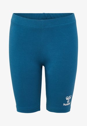 Teal atletiske shorts lavet af strækbart stof, med en glat tekstur og et tætsiddende design. Hummel-logo i hvidt på nederste højre side.