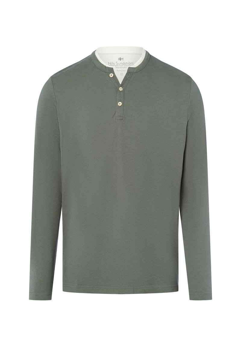 Lange mouw, lichtgroen katoenen shirt met een ronde hals, drie-knopen sluiting en een contrasterende witte kraag. Glad textuur en minimalistisch ontwerp.