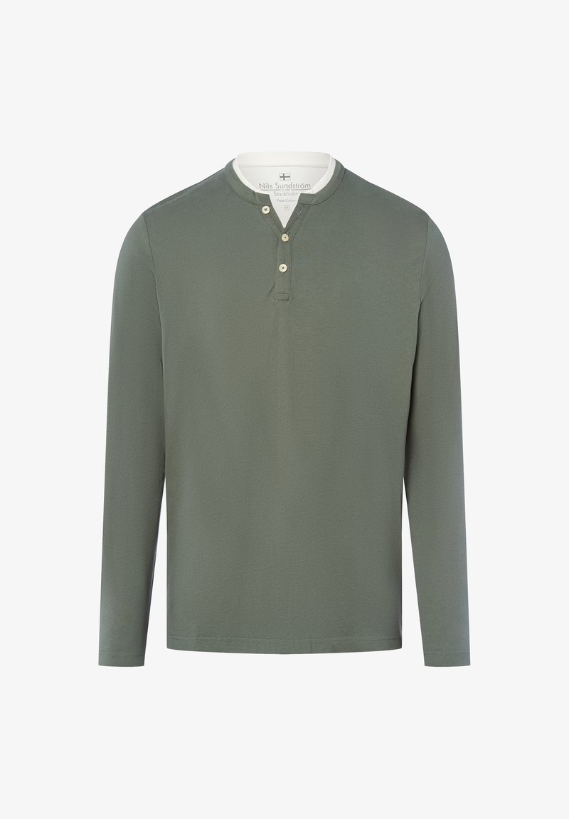 Langärmliges, hellgrünes Baumwollhemd mit Rundhalsausschnitt, Dreiknopfleiste und einem kontrastierenden weißen Kragen. Glatte Textur und minimalistisches Design.