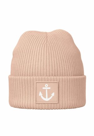 Pink ribbed knit beanie with a folded cuff and a white anchor logo patch on the front. The fabric appears soft and stretchy.