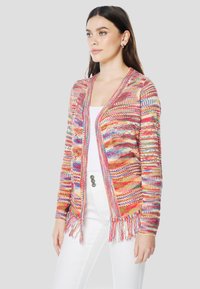 Meerjarige gebreide cardigan met franjerand. Kenmerkt zich door levendige roze, blauwe en gele patronen. Open voorkant, lange mouwen en een lichte textuur.