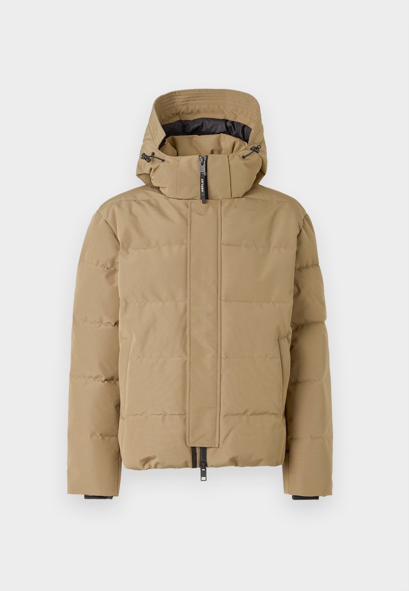 Beige Daunenjacke mit abnehmbarem Kapuzen, Reißverschluss vorne und gesteppten Paneelen. Verfügt über elastische Bündchen und eine glatte Außenfläche.